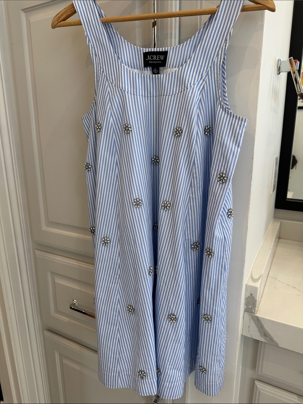 J. Crew Light Blue & White Striped Embellished Tank Dress